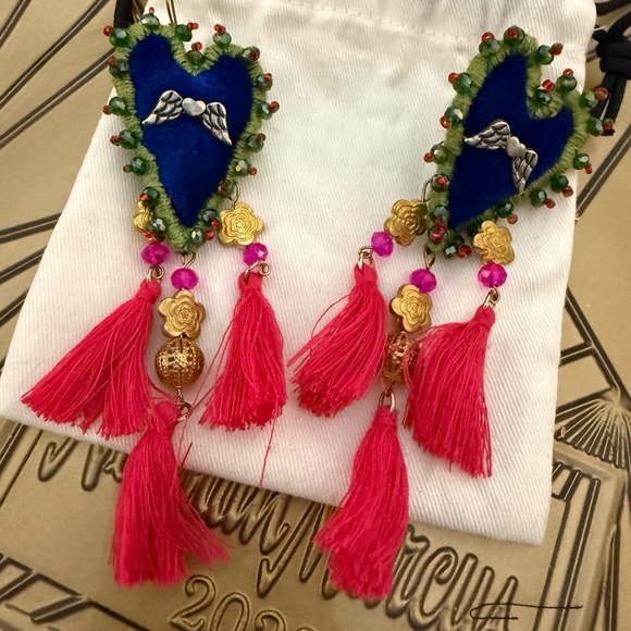 Jewelry - Heart-Shaped Blue and Pink Tassel Earrings